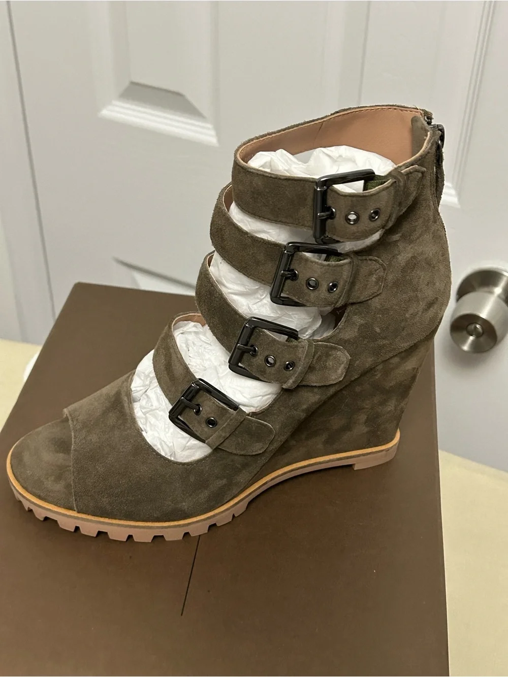 Paolo Olive Suede Wedge Bootie with Four Buckle Straps